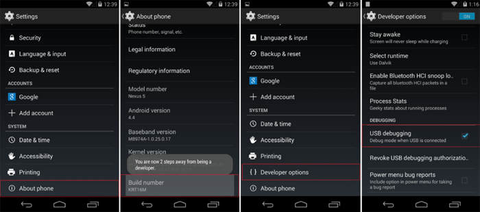 find and turn on USB debugging mode on Android