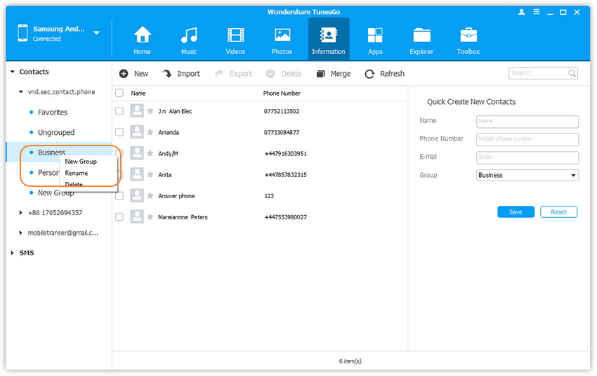 manage contact groups on Samsung Galaxy S7,S6