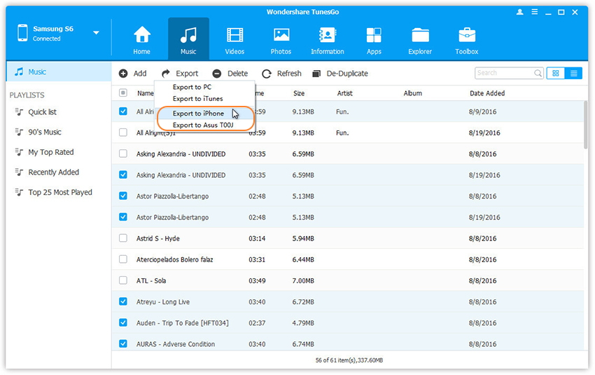 transfer music from iPhone to Samsung Galaxy S7