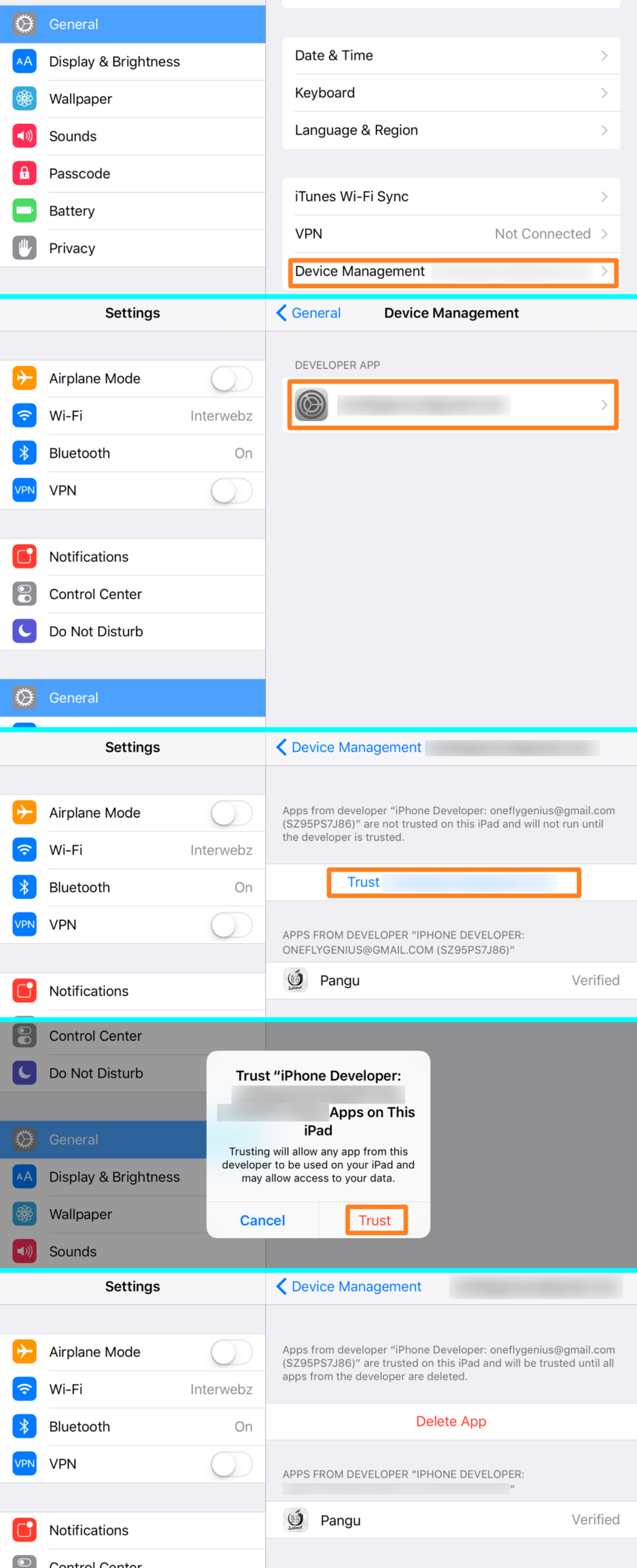 Trust Pangu Certificate on jailbroken iPhone - general setting