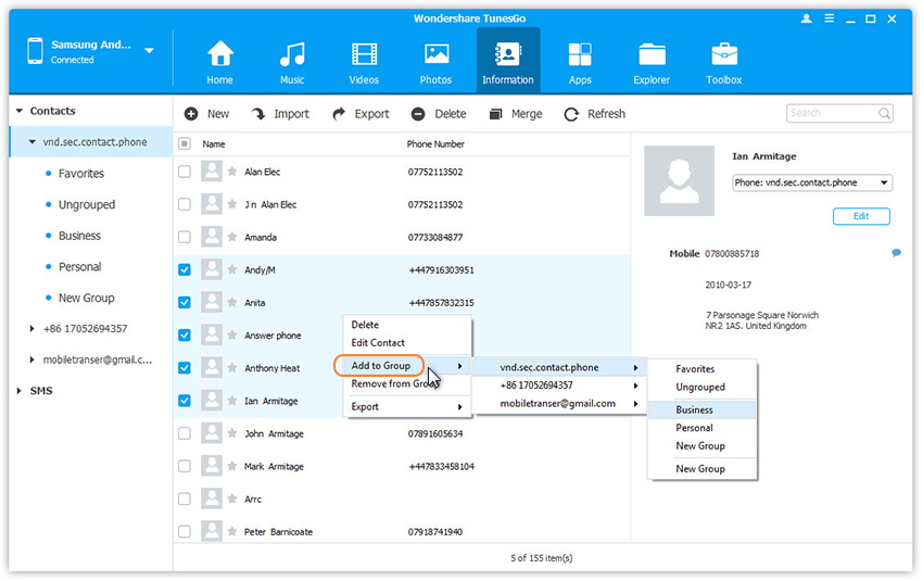 manage Samsung phone contacts on computer