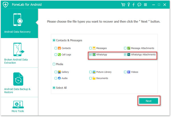 select whatsapp and scan samsung for lost data