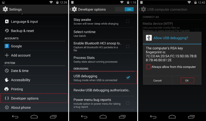turn on Android USB debugging
