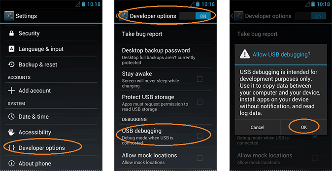 switch on USB debugging from Android