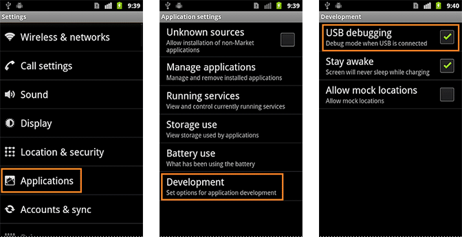 switch on USB debugging from Android