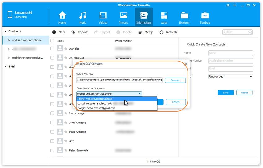 import retireved contacts to android from csv