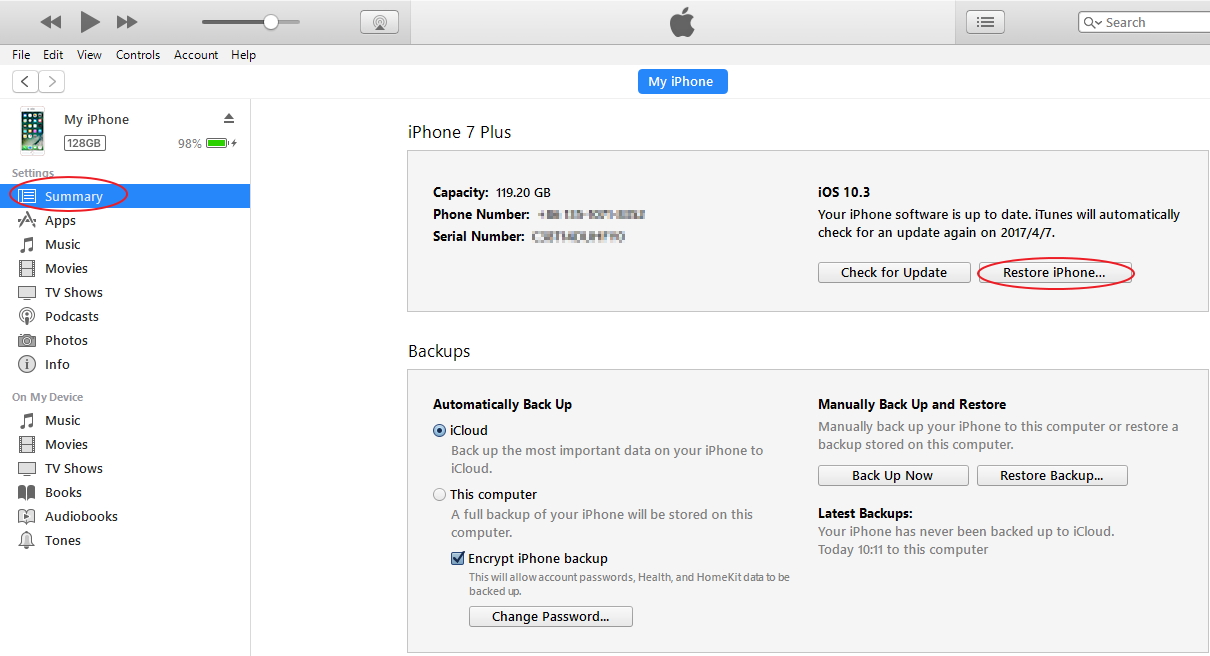 restore iPhone data from iTunes