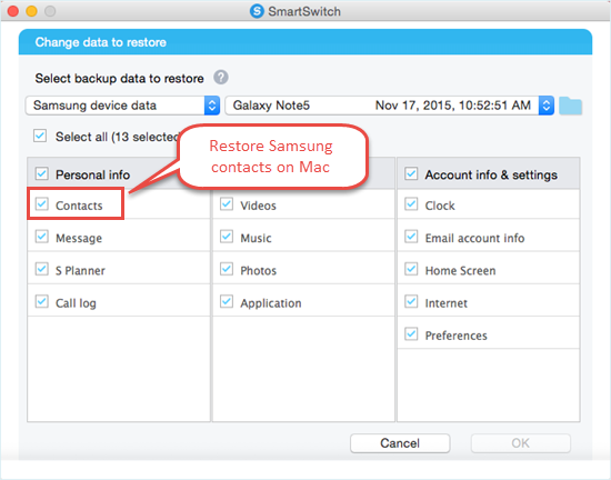 restore Samsung ccontacts via Smart Switch